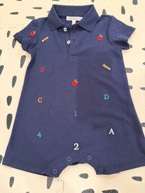 Adventurewear 360Navy Polo Romper with Apple & School Motif